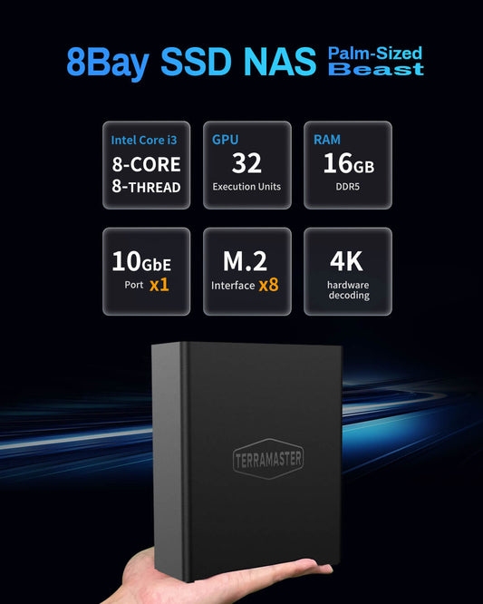 TERRAMASTER F8 SSD Plus NAS - 8Bay All SSD NAS Storage Core i3 8-Core 8-Thread CPU, 16GB DDR5 RAM, 10GbE Port, Palm-Sized Network Attached Storage Peak Performance for Business (Diskless)